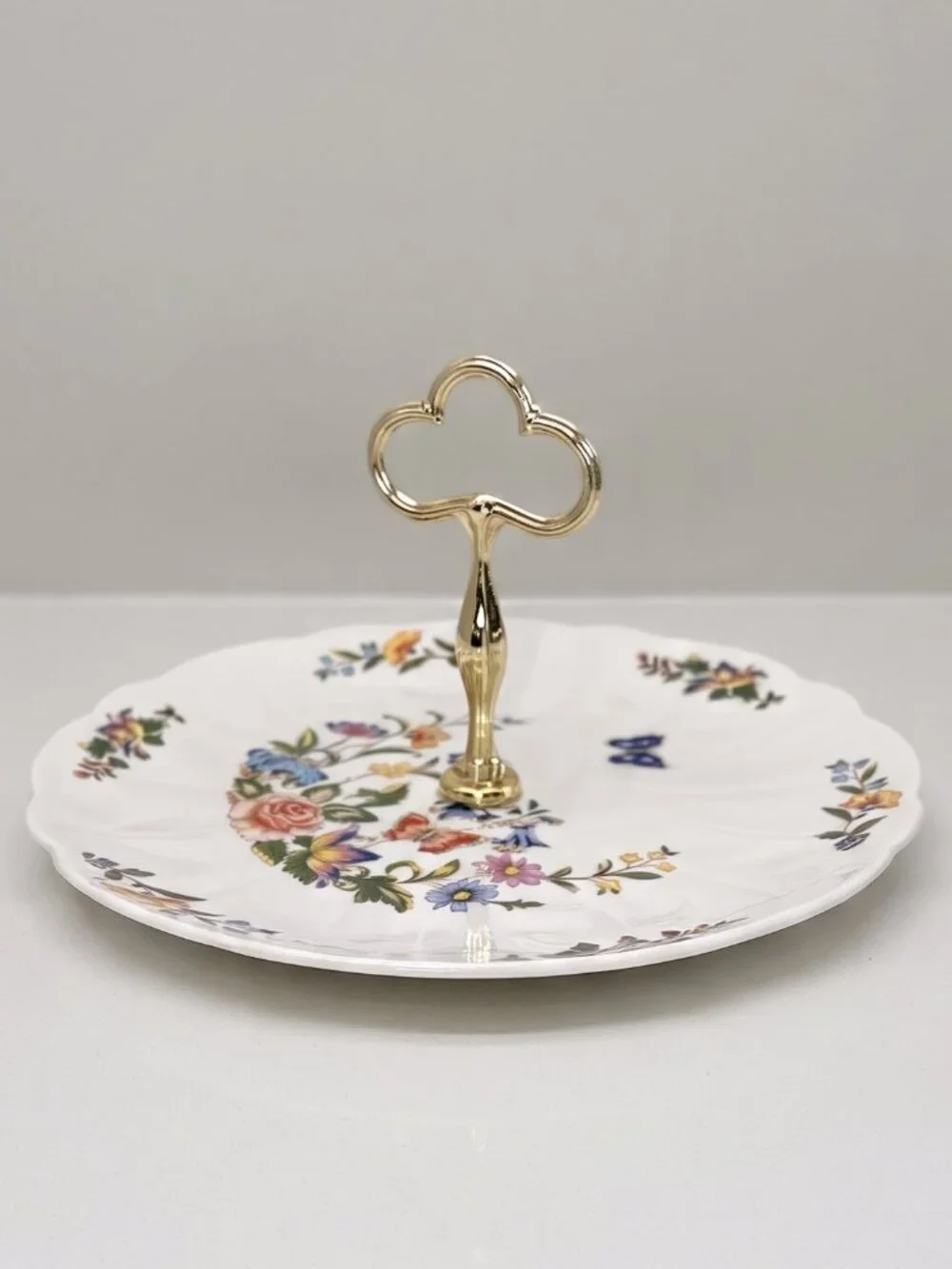 Vintage Aynsley Cottage Garden Bone China Cake Plate Metal Handle Floral England